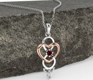Garnet White Rose Gold Infinity Celtic Trinity Knot Heart Necklace