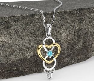 Aquamarine White Yellow Gold Infinity Celtic Trinity Knot Heart Necklace
