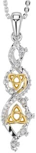 Diamond White Yellow Gold Claddagh Celtic Trinity Knot Necklace