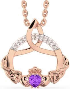 Diamond Amethyst Rose Gold Silver Claddagh Celtic Trinity Knot Necklace