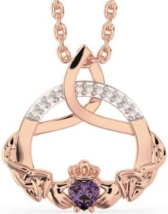 Diamond Alexandrite Rose Gold Silver Claddagh Celtic Trinity Knot Necklace