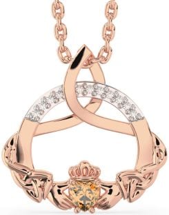 Diamond Citrine Rose Gold Silver Claddagh Celtic Trinity Knot Necklace