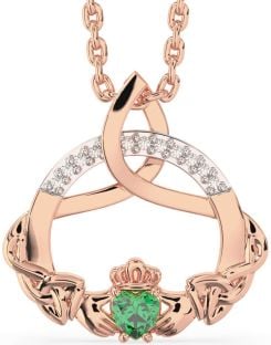 Diamond Emerald Rose Gold Silver Claddagh Celtic Trinity Knot Necklace