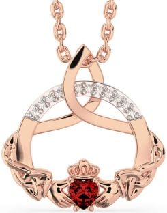 Diamond Garnet Rose Gold Silver Claddagh Celtic Trinity Knot Necklace