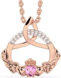 Diamond Pink Tourmaline Rose Gold Silver Claddagh Celtic Trinity Knot Necklace