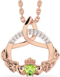 Diamond Peridot Rose Gold Silver Claddagh Celtic Trinity Knot Necklace