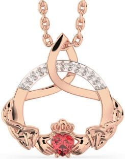 Diamond Ruby Rose Gold Silver Claddagh Celtic Trinity Knot Necklace