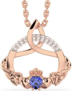 Diamond Sapphire Rose Gold Silver Claddagh Celtic Trinity Knot Necklace