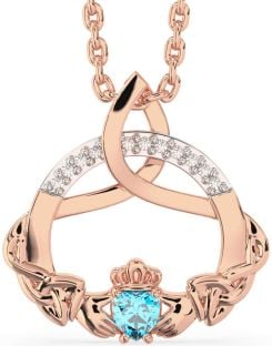 Diamond Topaz Rose Gold Silver Claddagh Celtic Trinity Knot Necklace