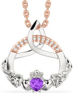 Diamond Amethyst Rose Gold Silver Claddagh Celtic Trinity Knot Necklace