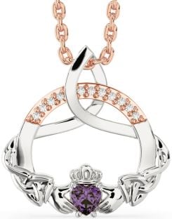 Diamond Alexandrite Rose Gold Silver Claddagh Celtic Trinity Knot Necklace