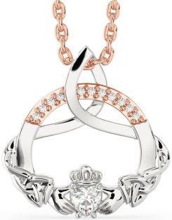 Diamond Rose Gold Silver Claddagh Celtic Trinity Knot Necklace