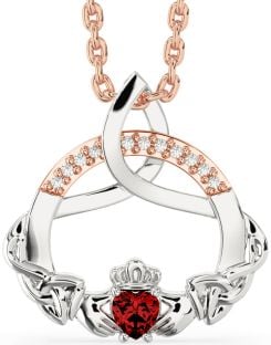 Diamond Garnet Rose Gold Silver Claddagh Celtic Trinity Knot Necklace