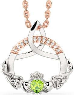 Diamond Peridot Rose Gold Silver Claddagh Celtic Trinity Knot Necklace