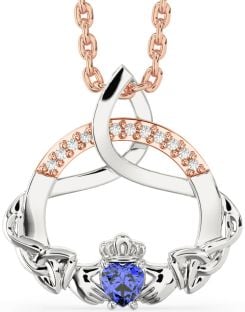 Diamond Sapphire Rose Gold Silver Claddagh Celtic Trinity Knot Necklace