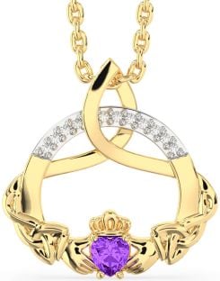 Diamond Amethyst Gold Silver Claddagh Celtic Trinity Knot Necklace