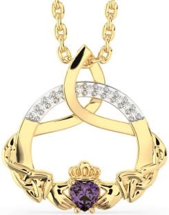 Diamond Alexandrite Gold Silver Claddagh Celtic Trinity Knot Necklace