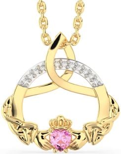 Diamond Pink Tourmaline Gold Silver Claddagh Celtic Trinity Knot Necklace