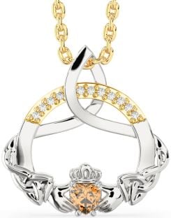 Diamond Citrine Gold Silver Claddagh Celtic Trinity Knot Necklace