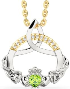 Diamond Peridot Gold Silver Claddagh Celtic Trinity Knot Necklace