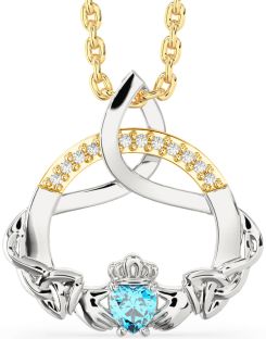 Diamond Topaz Gold Silver Claddagh Celtic Trinity Knot Necklace