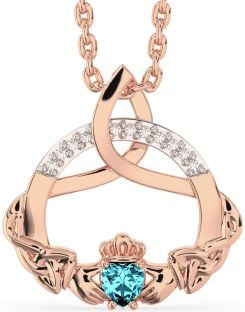 Diamond Aquamarine Rose Gold Claddagh Celtic Trinity Knot Necklace