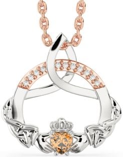 Diamond Citrine White Rose Gold Claddagh Celtic Trinity Knot Necklace