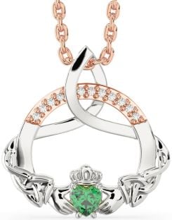 Diamond Emerald White Rose Gold Claddagh Celtic Trinity Knot Necklace