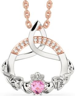 Diamond Pink Tourmaline White Rose Gold Claddagh Celtic Trinity Knot Necklace