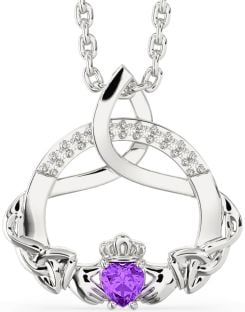 Diamond Amethyst Silver Claddagh Celtic Trinity Knot Necklace