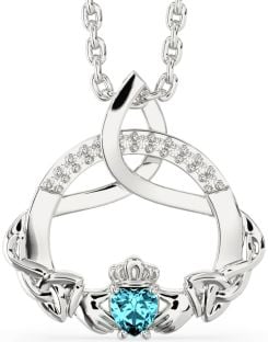 Diamante Água Marinha Prata Claddagh céltico Trindade Nó Colar