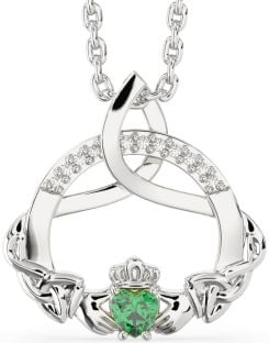 Diamond Emerald Silver Claddagh Celtic Trinity Knot Necklace