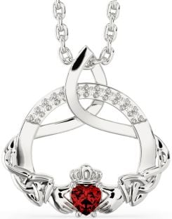 Diamond Garnet Silver Claddagh Celtic Trinity Knot Necklace