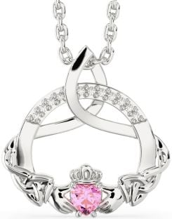 Diamond Pink Tourmaline Silver Claddagh Celtic Trinity Knot Necklace