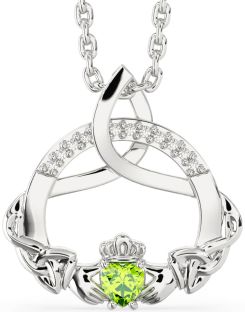 Diamond Peridot Silver Claddagh Celtic Trinity Knot Necklace