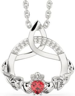 Diamond Ruby Silver Claddagh Celtic Trinity Knot Necklace