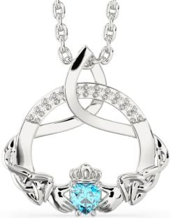 Diamond Topaz Silver Claddagh Celtic Trinity Knot Necklace