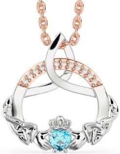 Diamond Topaz Rose Gold Silver Claddagh Celtic Trinity Knot Necklace