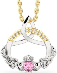 Diamond Pink Tourmaline Gold Silver Claddagh Celtic Trinity Knot Necklace