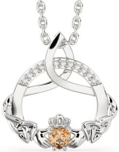 Diamond Citrine White Gold Claddagh Celtic Trinity Knot Necklace