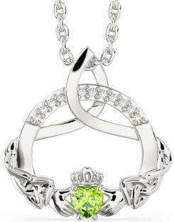 Diamond Peridot White Gold Claddagh Celtic Trinity Knot Necklace