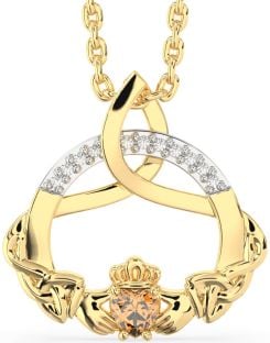 Diamond Citrine Gold Claddagh Celtic Trinity Knot Necklace