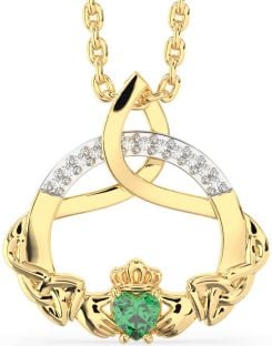 Diamond Emerald Gold Claddagh Celtic Trinity Knot Necklace