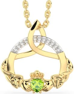 Diamond Peridot Gold Claddagh Celtic Trinity Knot Necklace