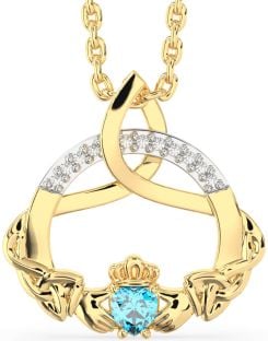 Diamond Topaz Gold Claddagh Celtic Trinity Knot Necklace