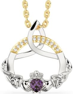 Diamond Alexandrite White Yellow Gold Claddagh Celtic Trinity Knot Necklace