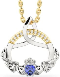 Diamond Sapphire White Yellow Gold Claddagh Celtic Trinity Knot Necklace