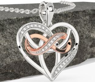 Diamond Rose Gold Silver Celtic Trinity Knot Infinity Heart Necklace