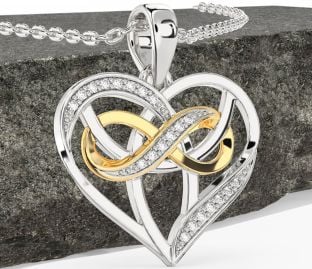 Diamond White Yellow Gold Celtic Trinity Knot Infinity Heart Necklace