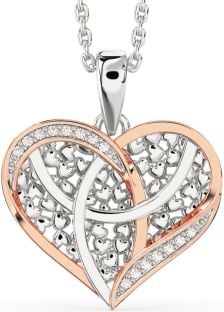 Diamond Rose Gold Silver Heart Celtic Trinity Knot Necklace